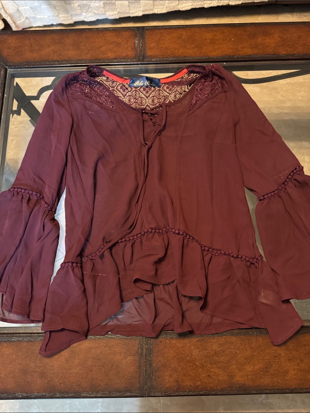 Blue Rain Burgundy Lace Yoke Peasant Blouse